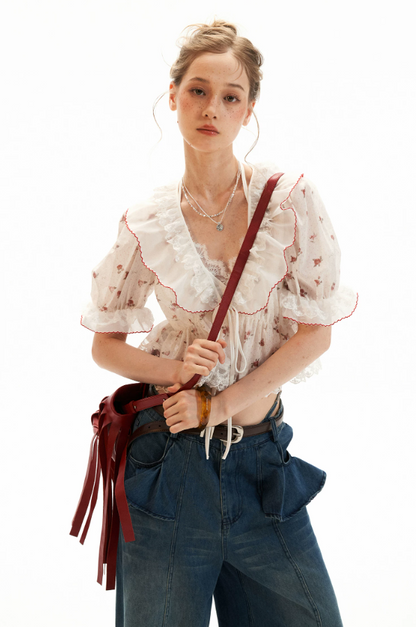 Polka Floral Ruffle Tie Puff Sleeve Top