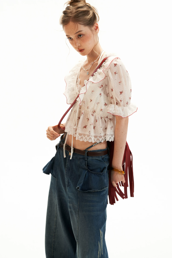 Polka Floral Ruffle Tie Puff Sleeve Top