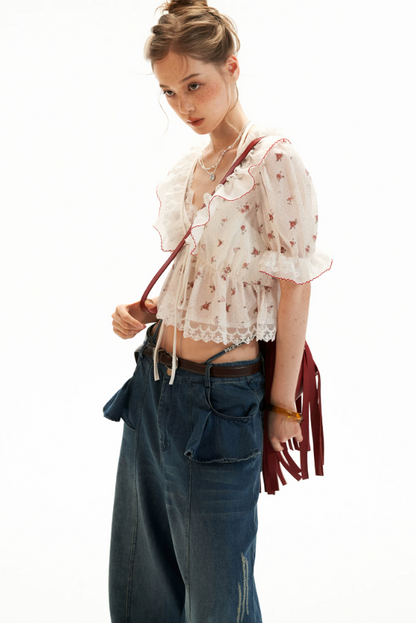 Polka Floral Ruffle Tie Puff Sleeve Top