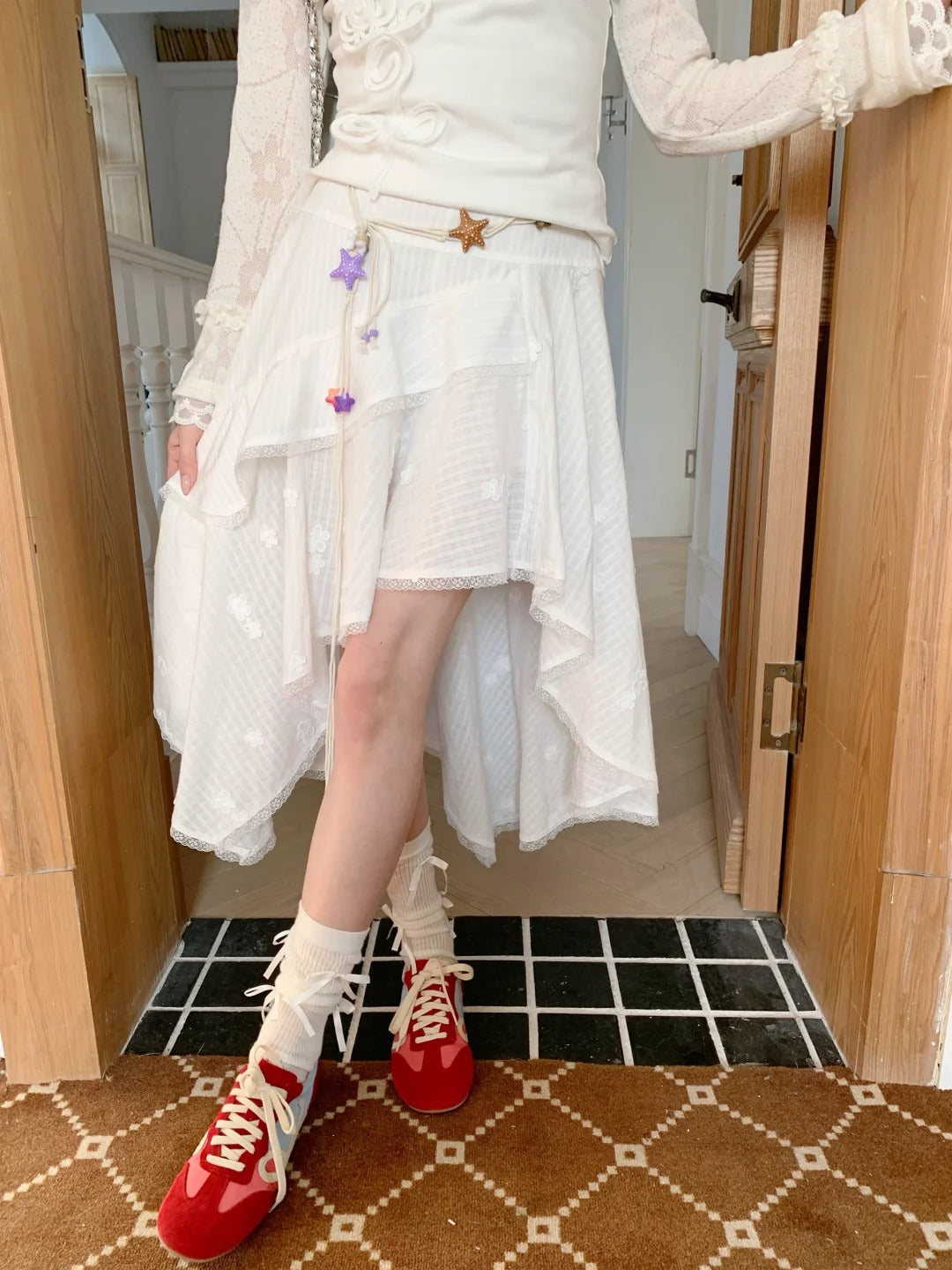 “Stardust Cascade” White Asymmetrical Ruffle Skirt