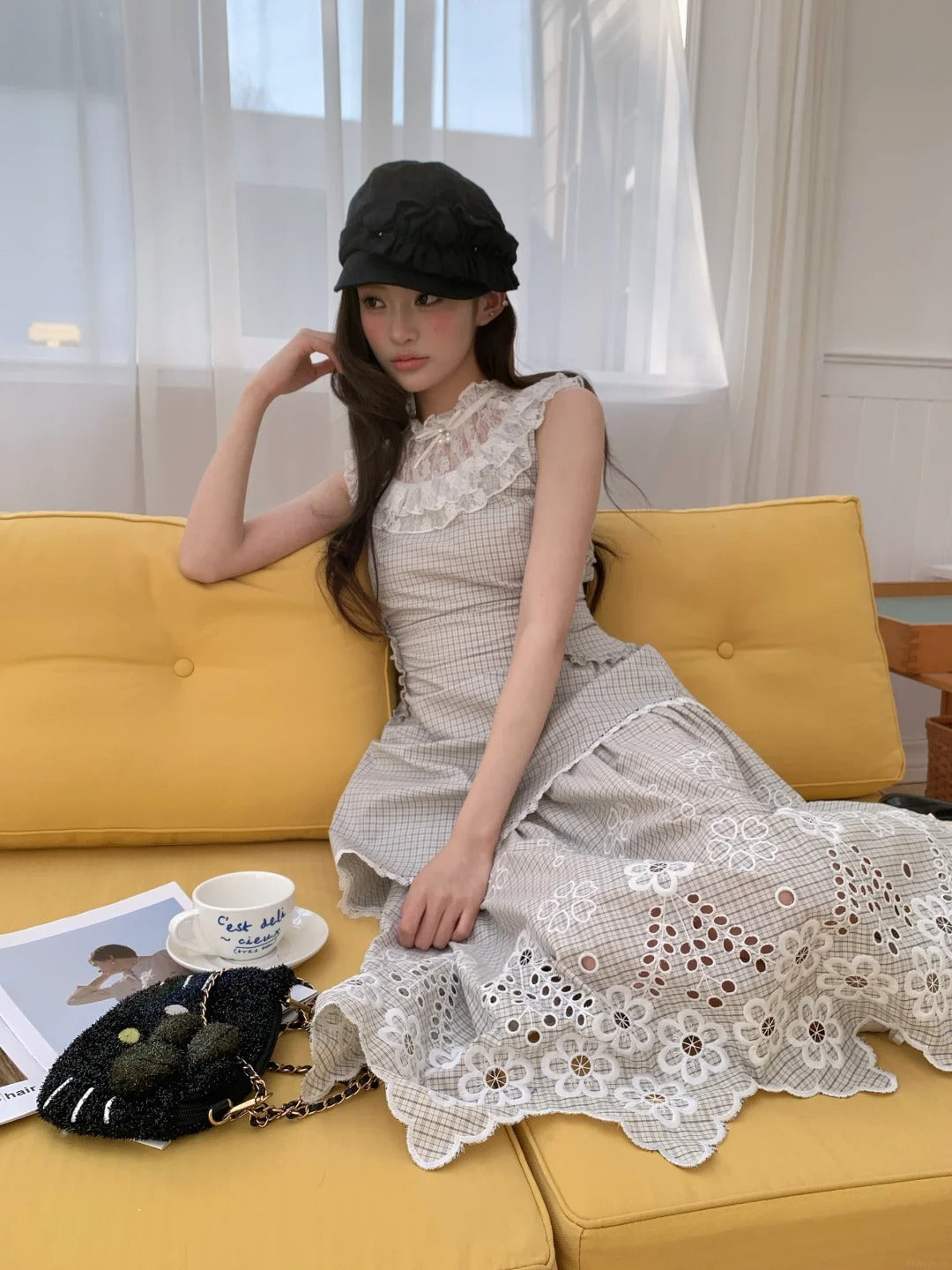 “Tea Garden Reverie” Light Apricot Plaid Embroidered Dress