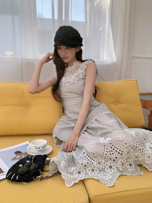 “Tea Garden Reverie” Light Apricot Plaid Embroidered Dress