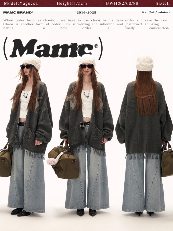 MAMC - Fringe-Appliqué Loose Knit Cardigan – Gray WE811