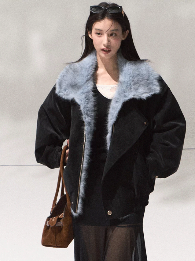 OAKMOO/ Quiet Black Faux Leather Jacket with Gradient Faux Fur Collar