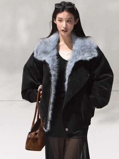 OAKMOO/ Quiet Black Faux Leather Jacket with Gradient Faux Fur Collar