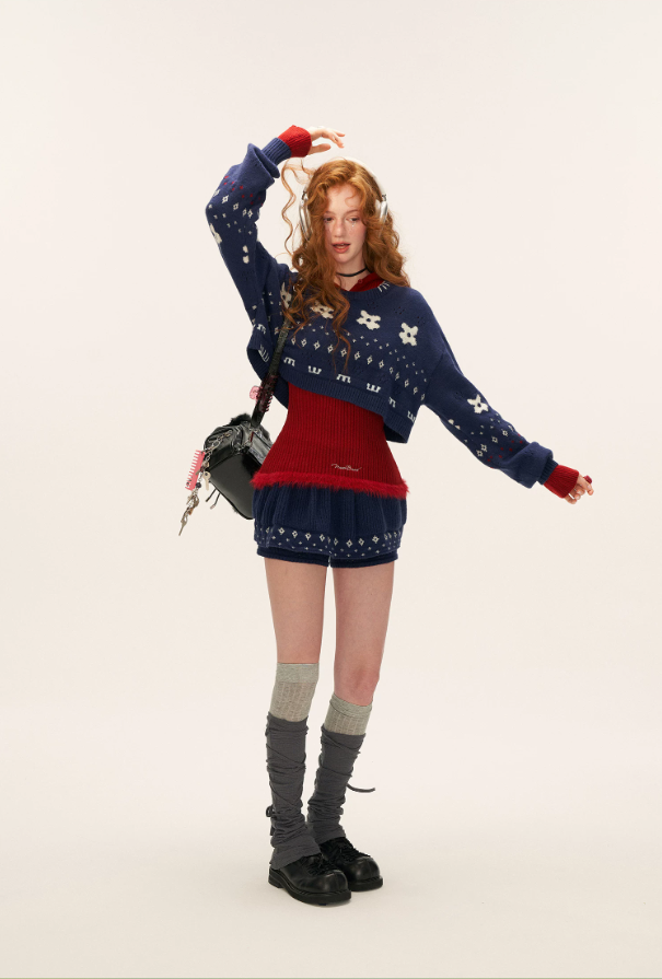 MAMC - Star & Floral Knit Crop Sweater + Skort Set WE770 (Midnight Navy)