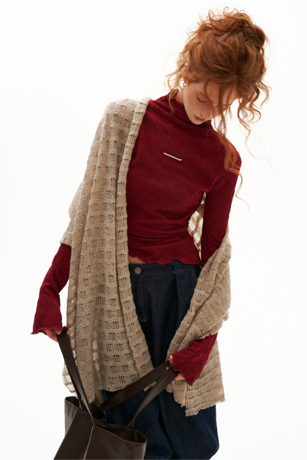 MAMC - Textured Wave Knit Scarf Shawl (Khaki / Gray)