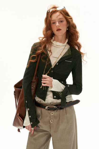 MAMC - Green Textured Jacquard Knit Cardigan with Decorative Buttons