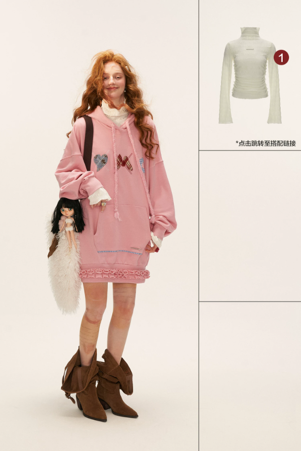 MAMC - Plaid Patch Embroidered Hoodie Dress - PINK