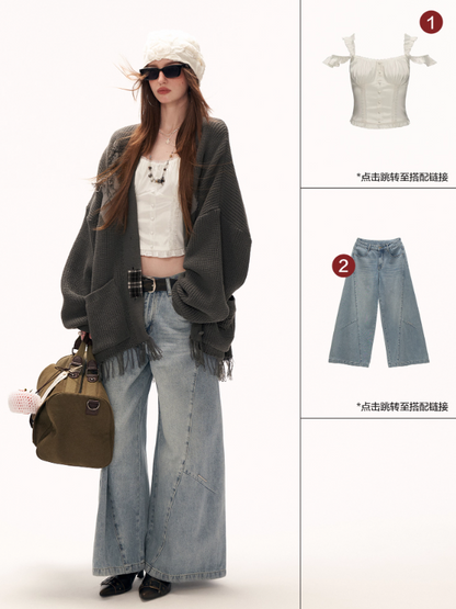 MAMC - Fringe-Appliqué Loose Knit Cardigan – Gray WE811