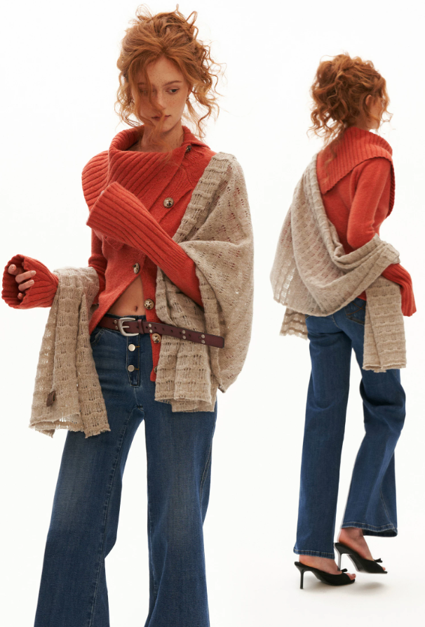 MAMC - Textured Wave Knit Scarf Shawl (Khaki / Gray)