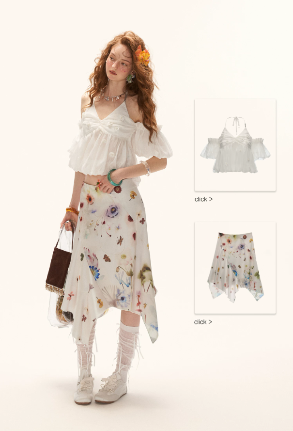 MAMC - "Ethereal Blossom Veil" Puff Sleeve Layered Camisole Top – White WE925