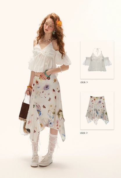 MAMC - "Ethereal Blossom Veil" Puff Sleeve Layered Camisole Top – White WE925