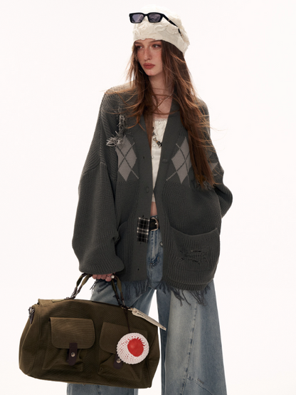 MAMC - Fringe-Appliqué Loose Knit Cardigan – Gray WE811
