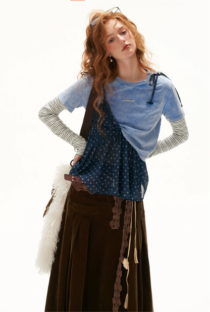 MAMC - Vintage Blue Faux-Layered Star Print Cami & Long-Sleeve Top