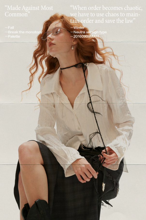 MAMC - White Textured Pleated Irregular-Collar Long Sleeve Shirt
