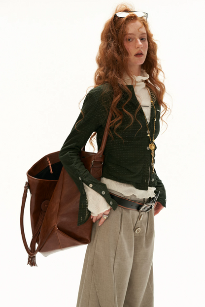 MAMC - Green Textured Jacquard Knit Cardigan with Decorative Buttons