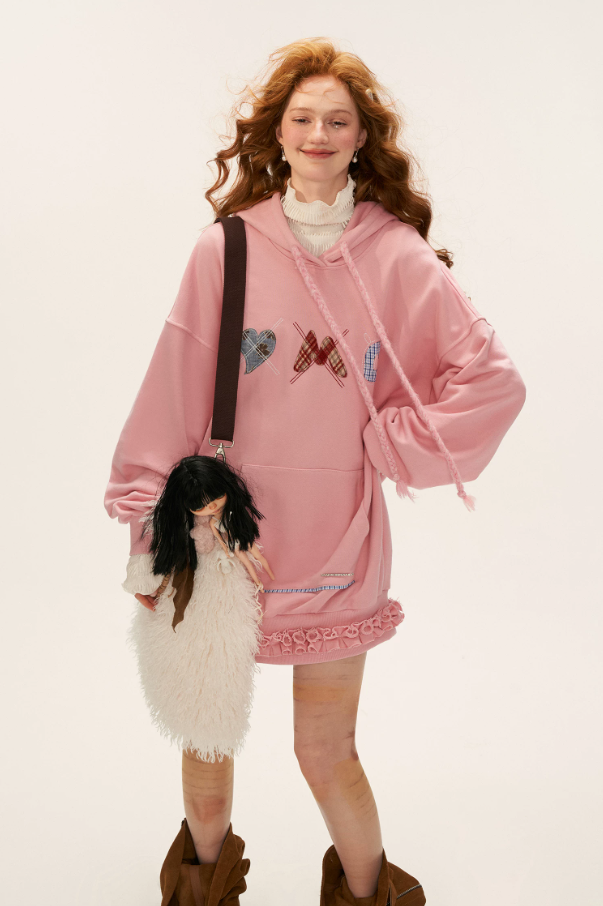 MAMC - Plaid Patch Embroidered Hoodie Dress - PINK