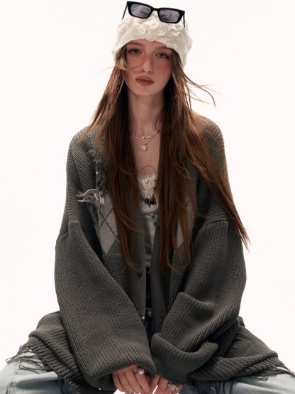 MAMC - Fringe-Appliqué Loose Knit Cardigan – Gray WE811