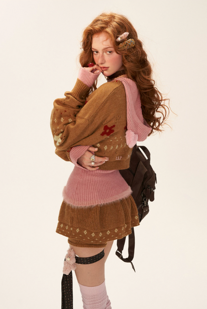 MAMC - Star & Floral Knit Crop Sweater + Skort Set WE770 (Caramel Brown)