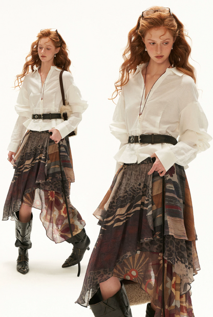MAMC - White Linen Cotton Ruffle Hem Shirt with Layered Sleeves
