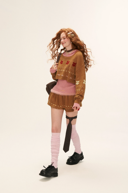 MAMC - Star & Floral Knit Crop Sweater + Skort Set WE770 (Caramel Brown)