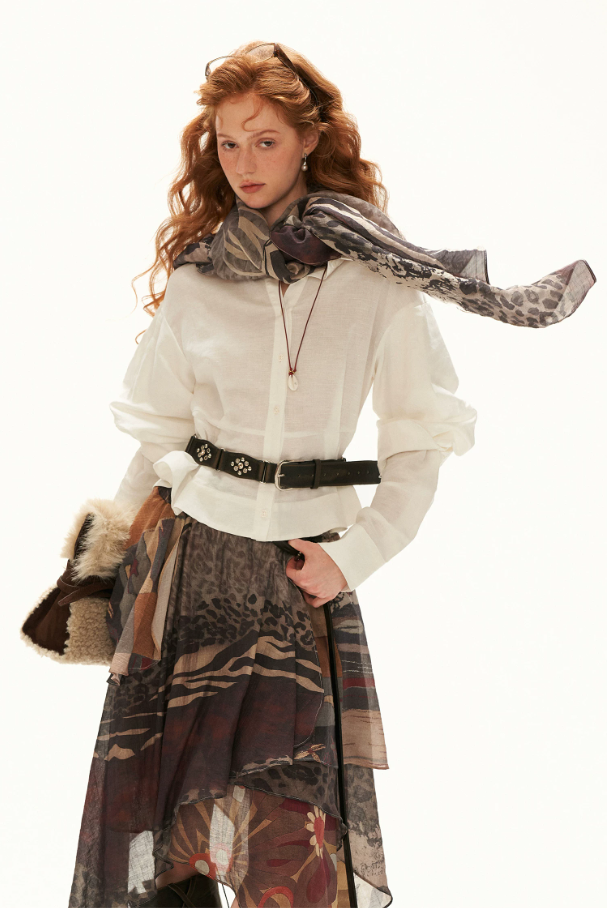 MAMC - White Linen Cotton Ruffle Hem Shirt with Layered Sleeves