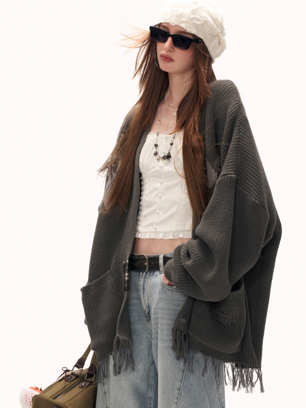 MAMC - Fringe-Appliqué Loose Knit Cardigan – Gray WE811