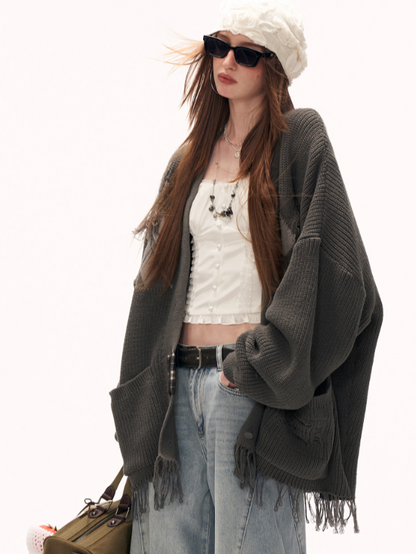 MAMC - Fringe-Appliqué Loose Knit Cardigan – Gray WE811