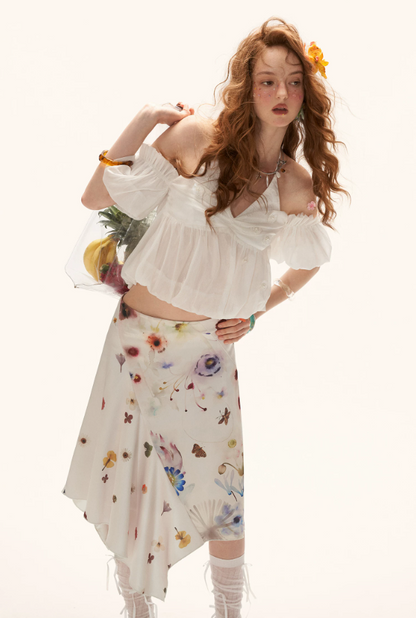 MAMC - "Ethereal Blossom Veil" Puff Sleeve Layered Camisole Top – White WE925