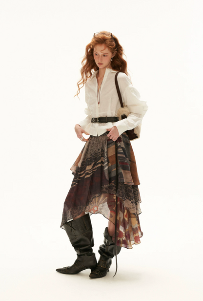 MAMC - White Linen Cotton Ruffle Hem Shirt with Layered Sleeves