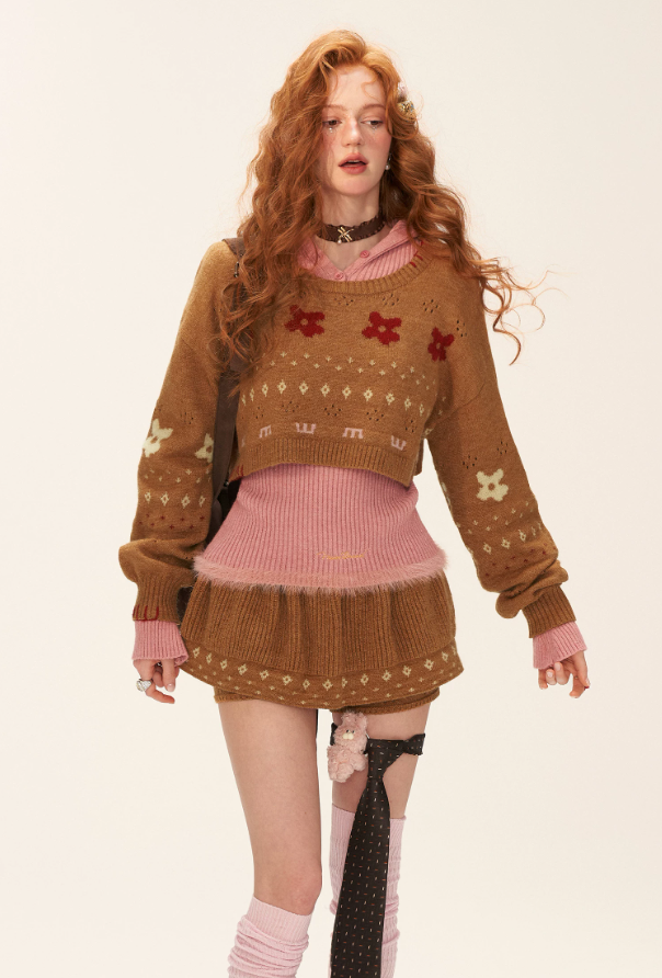 MAMC - Star & Floral Knit Crop Sweater + Skort Set WE770 (Caramel Brown)