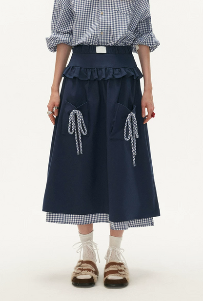 MAMC - Blue Plaid Layered Bow Midi Skirt