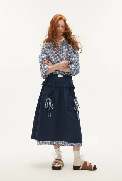 MAMC - Blue Plaid Layered Bow Midi Skirt