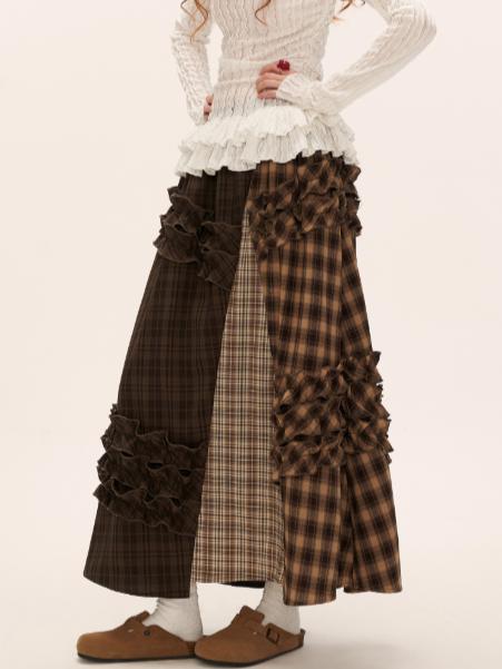 MAMC - Brown Patchwork Plaid Layered Midi Skirt WE738