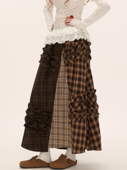 MAMC - Brown Patchwork Plaid Layered Midi Skirt WE738