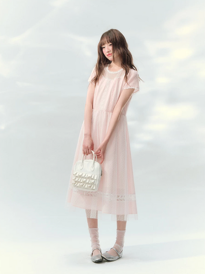 “Peach Bubble Romance” Pink Polka Dot Lace Midi Dress