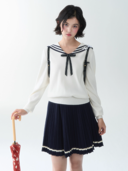 罐头士多所 - Cream Knit Sailor Collar Sweater & Pleated Skirt Set – Preppy Soft Girl Outfit