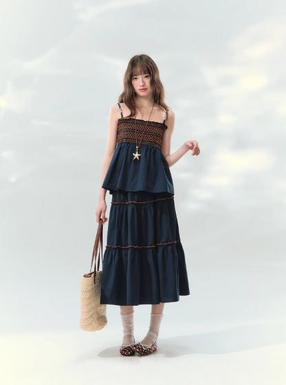 “Bohemian Travel Notes” Navy Beaded Cami & Tiered Maxi Skirt Set