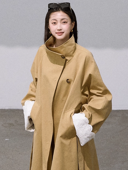 OAKMOO - "Grass Whisper" Oversized Long Trench Coat – Amber Khaki 25Q412