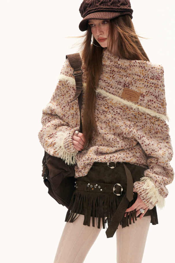MAMC - Beige Slouchy Textured Off-Shoulder Turtleneck Sweater