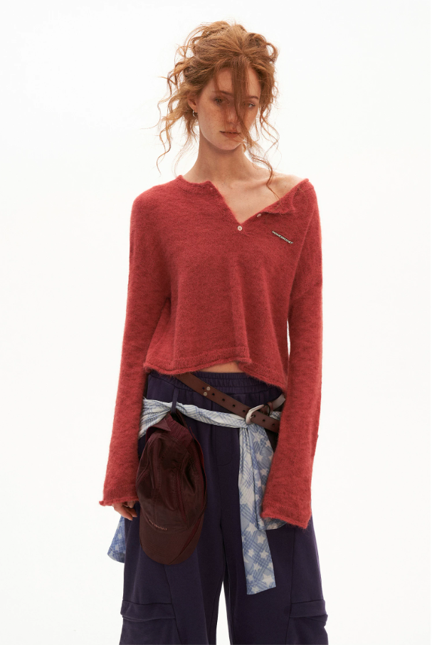 MAMC - Open-Back Mohair Blend Cropped Sweater (Red/ Black/ Blue)