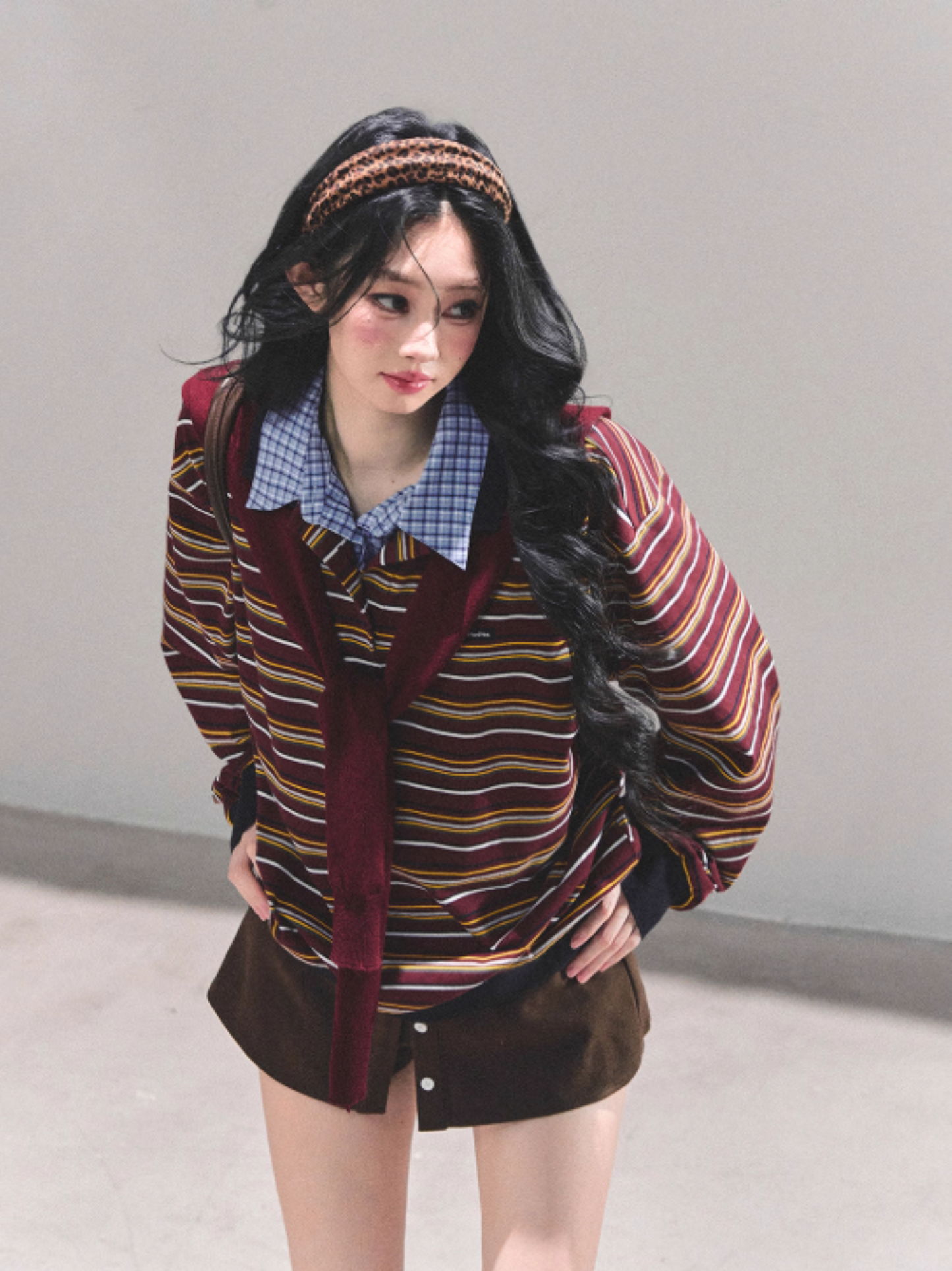 少也眼 "Unfinished Poem" Striped Polo Long Sleeve - Wine Red Striped