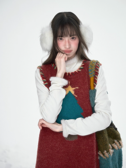 “Christmas Cedar Star" Knit Set – Festive Red Vest Dress