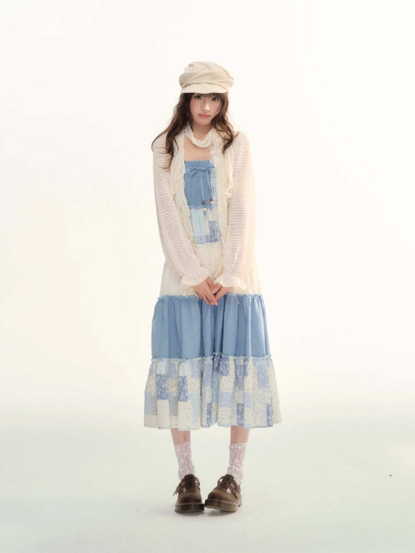 Blue Patchwork Tiered Smocked Dress LL2026106