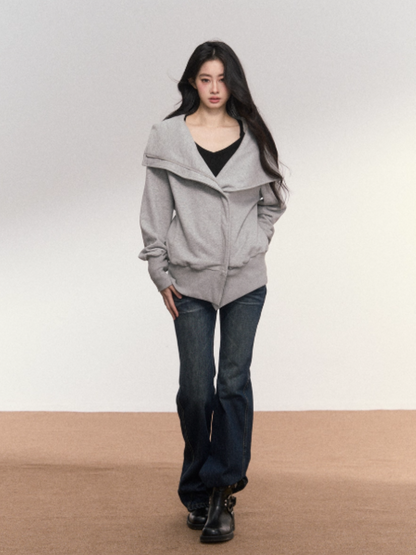 PCH - Cotton Zip-Up Hoodie with Detachable Collar (Gray)