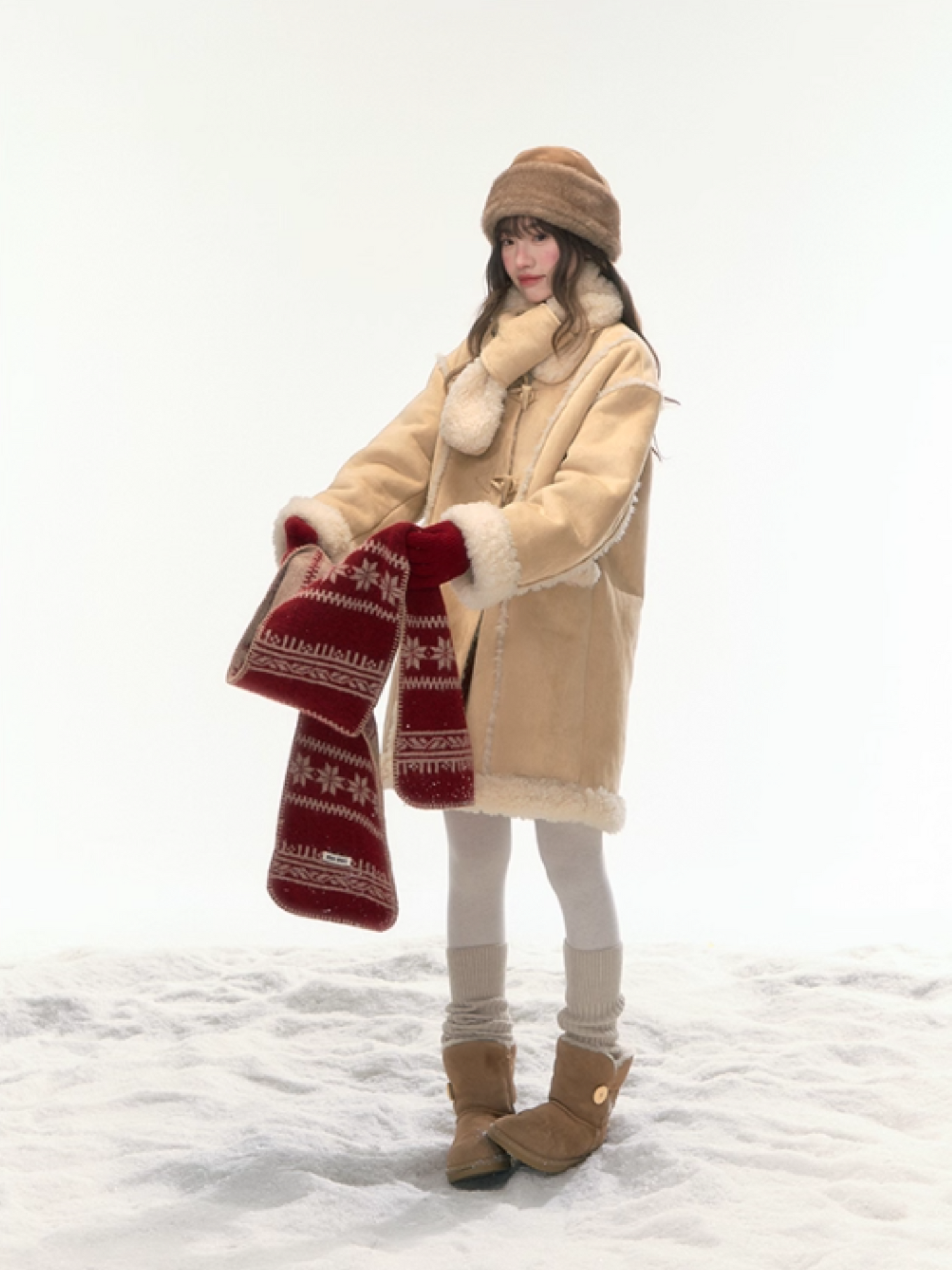 "Snowmist Forest" Suede Mid-Length Detachable-Scarf Coat LL2025459