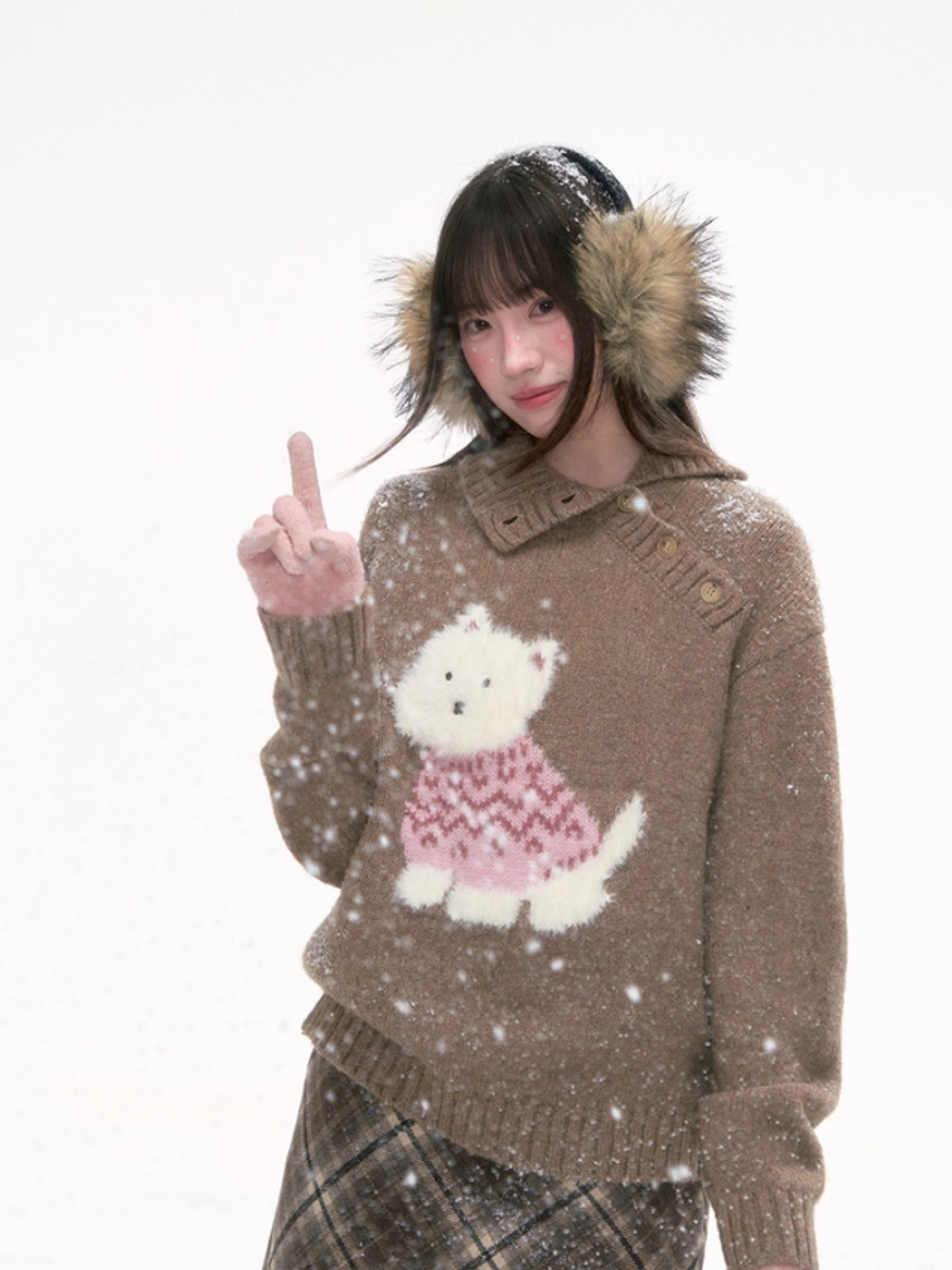 '可可慕斯' Brown Knit Sweater with Westie Dog Embroidery