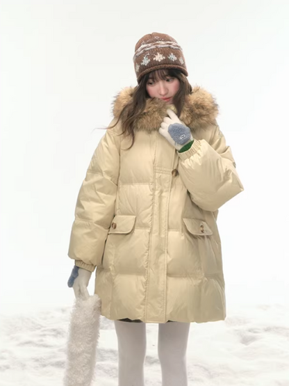 "First Snowfall" Khaki Mid-Length Down Jacket LL2025473