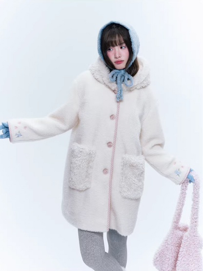 CREAMO2奶油氧气 - Soft Ivory Embroidered Teddy Wool-Style Midi Coat